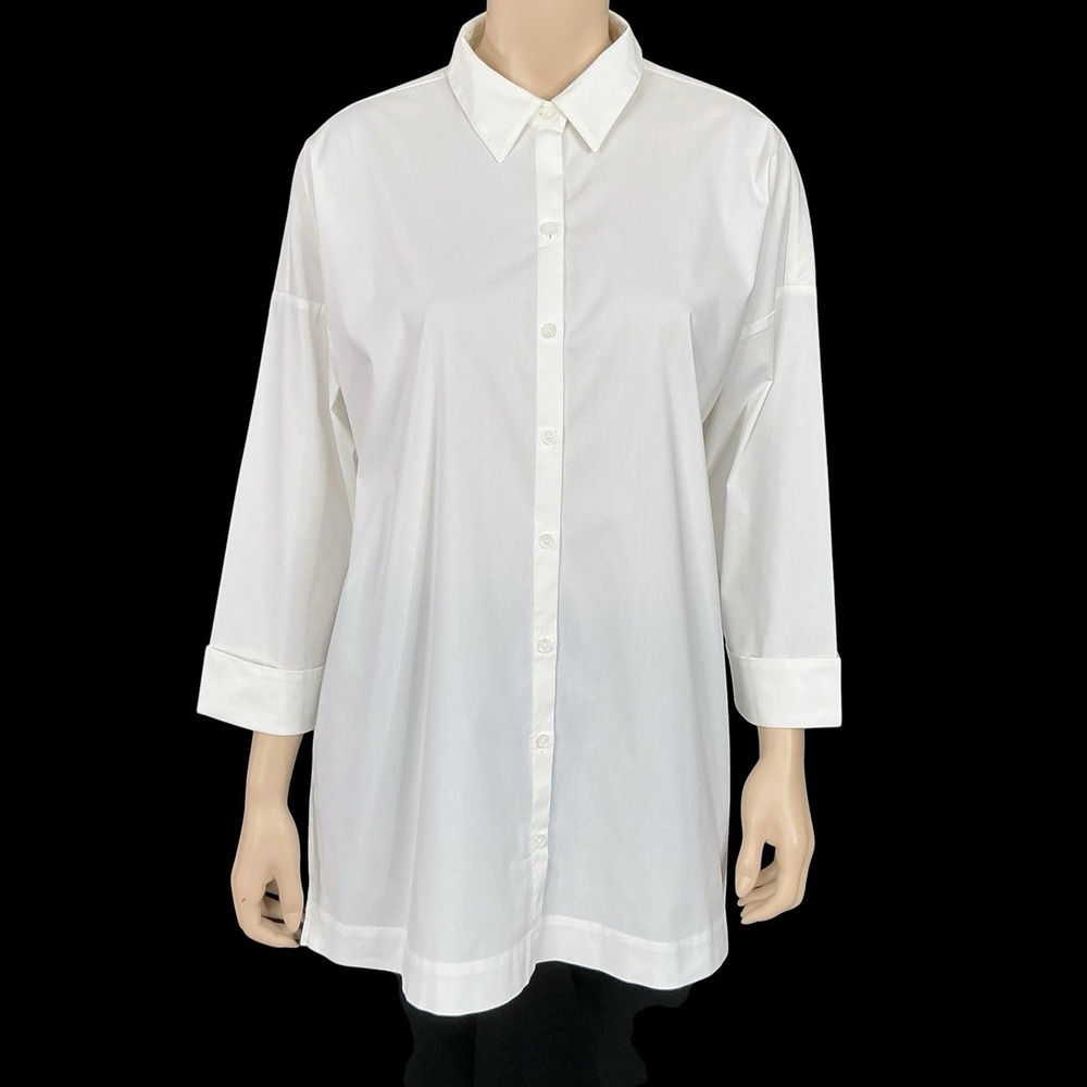 J Jill Tunic Women Medium White 3/4 Sleeve Collared Button Down Shirt Top